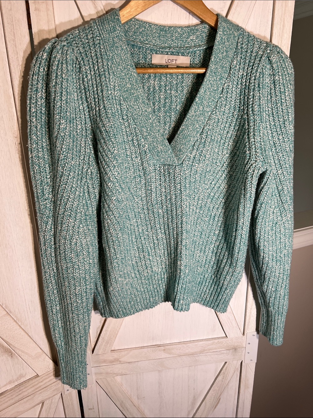 LOFT Teal-Green Ribbed V-Neck Sweater